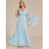 image:imageEverPretty Womens Chiffon VNeck Mother of Bride Dresses ALine Ruched Short Sleeves Appliques Bridesmaid Dress Formal GownSky Blue