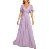 image:imageEverPretty Womens Chiffon VNeck Mother of Bride Dresses ALine Ruched Short Sleeves Appliques Bridesmaid Dress Formal GownFrosted Lilac