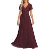 image:imageEverPretty Womens VNeck Glitter Formal Dresses Pleated Short Sleeves Floor Length ALine Mother of Bride Dress 11961Burgundy