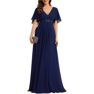 image:imageEverPretty Womens Chiffon VNeck Mother of Bride Dresses ALine Ruched Short Sleeves Appliques Bridesmaid Dress Formal GownCnavy Blue
