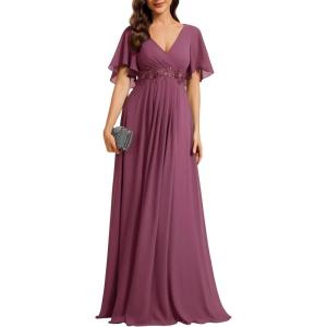 image:imageEverPretty Womens Chiffon VNeck Mother of Bride Dresses ALine Ruched Short Sleeves Appliques Bridesmaid Dress Formal GownDamson