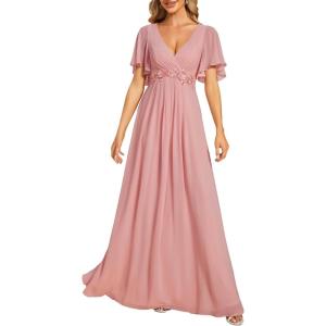 image:imageEverPretty Womens Chiffon VNeck Mother of Bride Dresses ALine Ruched Short Sleeves Appliques Bridesmaid Dress Formal GownDusty Rose
