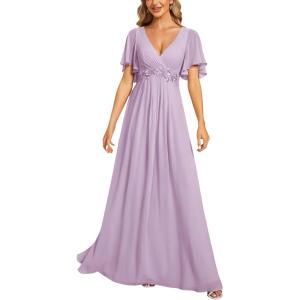 image:imageEverPretty Womens Chiffon VNeck Mother of Bride Dresses ALine Ruched Short Sleeves Appliques Bridesmaid Dress Formal GownFrosted Lilac