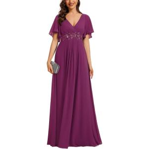 image:imageEverPretty Womens Chiffon VNeck Mother of Bride Dresses ALine Ruched Short Sleeves Appliques Bridesmaid Dress Formal GownFuchsia