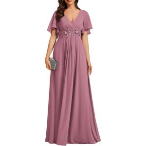 image:imageEverPretty Womens Chiffon VNeck Mother of Bride Dresses ALine Ruched Short Sleeves Appliques Bridesmaid Dress Formal GownOrchid