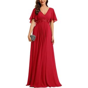image:imageEverPretty Womens Chiffon VNeck Mother of Bride Dresses ALine Ruched Short Sleeves Appliques Bridesmaid Dress Formal GownRed