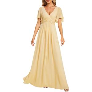 image:imageEverPretty Womens Chiffon VNeck Mother of Bride Dresses ALine Ruched Short Sleeves Appliques Bridesmaid Dress Formal GownYellow