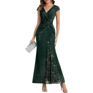 image:imageEverPretty Womens Glitter VNeck Formal Wedding Guest Dress Sequin Stretchy Prom Evening Gown Mother of Bride Dresses 02657Dark Green