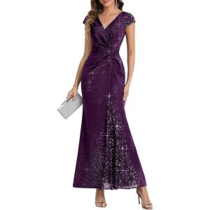 image:imageEverPretty Womens Glitter VNeck Formal Wedding Guest Dress Sequin Stretchy Prom Evening Gown Mother of Bride Dresses 02657Dark Purple