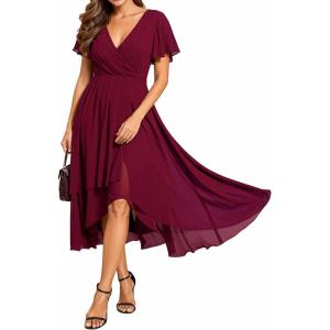 image:imageEverPretty Womens Spring Summer Chiffon Wedding Guest Dresses V Neck Ruffle Sleeves Midi Semi Formal Cocktail DressAburgundy