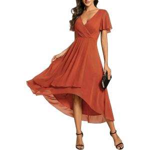 image:imageEverPretty Womens Spring Summer Chiffon Wedding Guest Dresses V Neck Ruffle Sleeves Midi Semi Formal Cocktail DressAburnt Orange