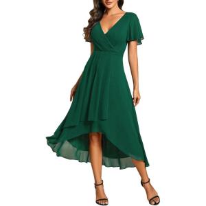 image:imageEverPretty Womens Spring Summer Chiffon Wedding Guest Dresses V Neck Ruffle Sleeves Midi Semi Formal Cocktail DressAdark Green