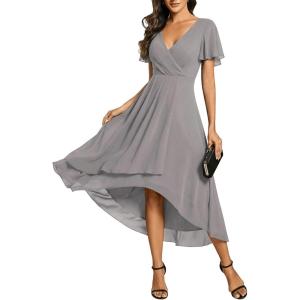 image:imageEverPretty Womens Spring Summer Chiffon Wedding Guest Dresses V Neck Ruffle Sleeves Midi Semi Formal Cocktail DressAgrey