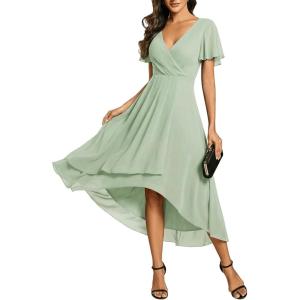 image:imageEverPretty Womens Spring Summer Chiffon Wedding Guest Dresses V Neck Ruffle Sleeves Midi Semi Formal Cocktail DressAmint Green