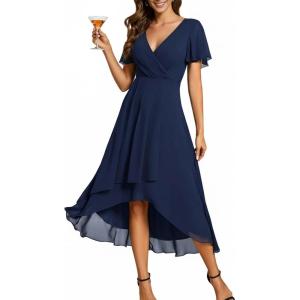image:imageEverPretty Womens Spring Summer Chiffon Wedding Guest Dresses V Neck Ruffle Sleeves Midi Semi Formal Cocktail DressAnavy Blue