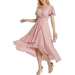 image:imageEverPretty Womens Spring Summer Chiffon Wedding Guest Dresses V Neck Ruffle Sleeves Midi Semi Formal Cocktail DressApink