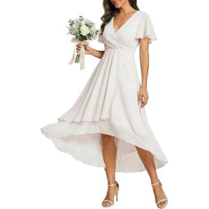 image:imageEverPretty Womens Spring Summer Chiffon Wedding Guest Dresses V Neck Ruffle Sleeves Midi Semi Formal Cocktail DressAwhite