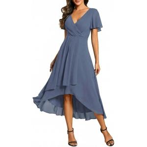 image:imageEverPretty Womens Spring Summer Chiffon Wedding Guest Dresses V Neck Ruffle Sleeves Midi Semi Formal Cocktail DressDusty Blue