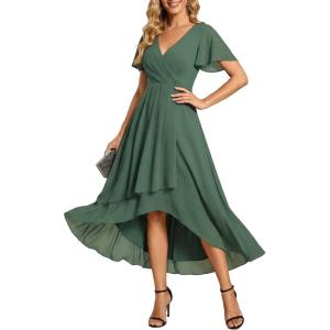 image:imageEverPretty Womens Spring Summer Chiffon Wedding Guest Dresses V Neck Ruffle Sleeves Midi Semi Formal Cocktail DressEucalyptus
