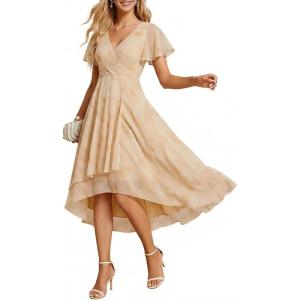 image:imageEverPretty Womens Spring Summer Chiffon Wedding Guest Dresses V Neck Ruffle Sleeves Midi Semi Formal Cocktail DressGolden Roses