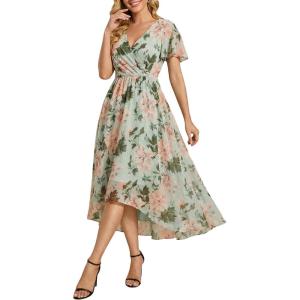 image:imageEverPretty Womens Spring Summer Chiffon Wedding Guest Dresses V Neck Ruffle Sleeves Midi Semi Formal Cocktail DressLight Green Floral