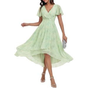 image:imageEverPretty Womens Spring Summer Chiffon Wedding Guest Dresses V Neck Ruffle Sleeves Midi Semi Formal Cocktail DressLight Green Roses