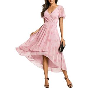 image:imageEverPretty Womens Spring Summer Chiffon Wedding Guest Dresses V Neck Ruffle Sleeves Midi Semi Formal Cocktail DressLight Purple Roses