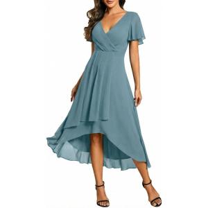 image:imageEverPretty Womens Spring Summer Chiffon Wedding Guest Dresses V Neck Ruffle Sleeves Midi Semi Formal Cocktail DressLight Teal