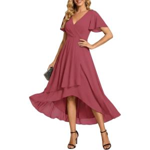 image:imageEverPretty Womens Spring Summer Chiffon Wedding Guest Dresses V Neck Ruffle Sleeves Midi Semi Formal Cocktail DressMuted Rose
