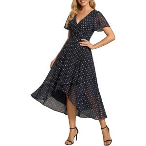 image:imageEverPretty Womens Spring Summer Chiffon Wedding Guest Dresses V Neck Ruffle Sleeves Midi Semi Formal Cocktail DressNavy Blue Polka Dots