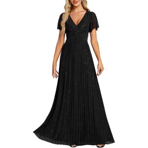 image:imageEverPretty Womens VNeck Glitter Formal Dresses Pleated Short Sleeves Floor Length ALine Mother of Bride Dress 11961Black