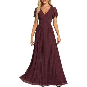 image:imageEverPretty Womens VNeck Glitter Formal Dresses Pleated Short Sleeves Floor Length ALine Mother of Bride Dress 11961Burgundy