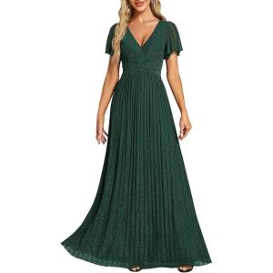 image:imageEverPretty Womens VNeck Glitter Formal Dresses Pleated Short Sleeves Floor Length ALine Mother of Bride Dress 11961Dark Green