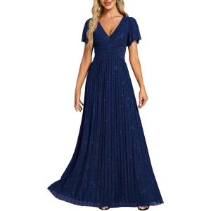 image:imageEverPretty Womens VNeck Glitter Formal Dresses Pleated Short Sleeves Floor Length ALine Mother of Bride Dress 11961Navy Blue