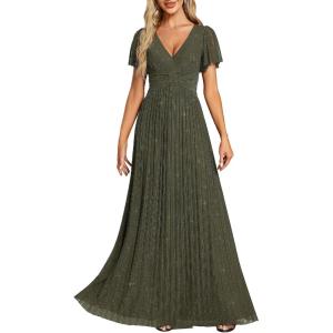 image:imageEverPretty Womens VNeck Glitter Formal Dresses Pleated Short Sleeves Floor Length ALine Mother of Bride Dress 11961Olive Green