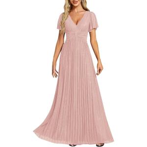 image:imageEverPretty Womens VNeck Glitter Formal Dresses Pleated Short Sleeves Floor Length ALine Mother of Bride Dress 11961Pink