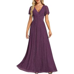 image:imageEverPretty Womens VNeck Glitter Formal Dresses Pleated Short Sleeves Floor Length ALine Mother of Bride Dress 11961Purple Wisteria