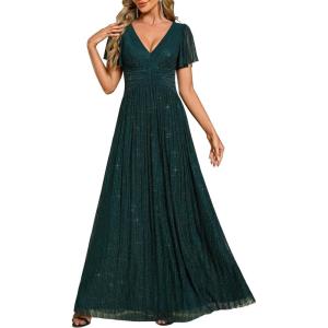 image:imageEverPretty Womens VNeck Glitter Formal Dresses Pleated Short Sleeves Floor Length ALine Mother of Bride Dress 11961Teal