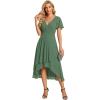 image:imageEverPretty Womens Wedding Guest Dress Chiffon V Neck Ruched Short Sleeves Midi High Low Birthday Semi Formal Dresses 02088Moss Green