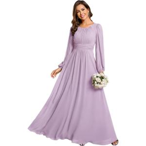 image:imageEverPretty Womens Crewneck Long Lantern Sleeves Floor Length ALine Pleated Chiffon Formal Dress 0106BFrosted Lilac