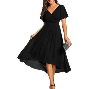 image:imageEverPretty Womens Summer Chiffon Formal Wedding Guest Dresses Pleated VNeck Short Sleeves Cocktail Dress 01923Black