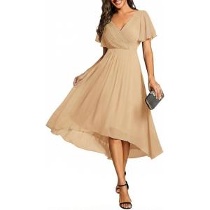 image:imageEverPretty Womens Summer Chiffon Formal Wedding Guest Dresses Pleated VNeck Short Sleeves Cocktail Dress 01923Champagne