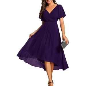 image:imageEverPretty Womens Summer Chiffon Formal Wedding Guest Dresses Pleated VNeck Short Sleeves Cocktail Dress 01923Dark Purple