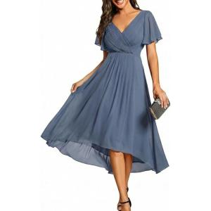 image:imageEverPretty Womens Summer Chiffon Formal Wedding Guest Dresses Pleated VNeck Short Sleeves Cocktail Dress 01923Dusty Navy