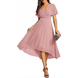 image:imageEverPretty Womens Summer Chiffon Formal Wedding Guest Dresses Pleated VNeck Short Sleeves Cocktail Dress 01923Dusty Rose