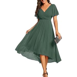 image:imageEverPretty Womens Summer Chiffon Formal Wedding Guest Dresses Pleated VNeck Short Sleeves Cocktail Dress 01923Eucalyptus