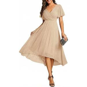 image:imageEverPretty Womens Summer Chiffon Formal Wedding Guest Dresses Pleated VNeck Short Sleeves Cocktail Dress 01923Gold