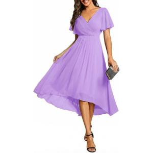 image:imageEverPretty Womens Summer Chiffon Formal Wedding Guest Dresses Pleated VNeck Short Sleeves Cocktail Dress 01923Lavender