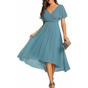 image:imageEverPretty Womens Summer Chiffon Formal Wedding Guest Dresses Pleated VNeck Short Sleeves Cocktail Dress 01923Light Teal