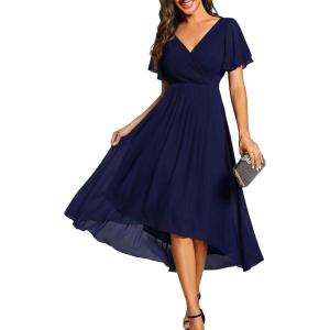 image:imageEverPretty Womens Summer Chiffon Formal Wedding Guest Dresses Pleated VNeck Short Sleeves Cocktail Dress 01923Navy Blue
